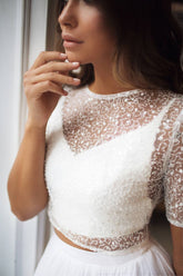 Elegant Chiffon Wedding Skirt and Top with Short Sleeves - DollyGown
